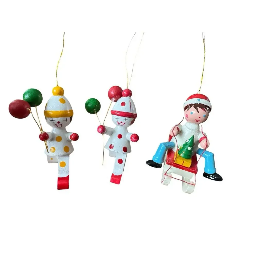 Vintage Wooden Christmas Holiday Ornaments Lot Clowns Miniatures Style READ
